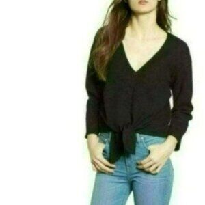 Madewell Women's XS Black Textured V-Neck 3/4 Sleeve Tie Hem Blouse